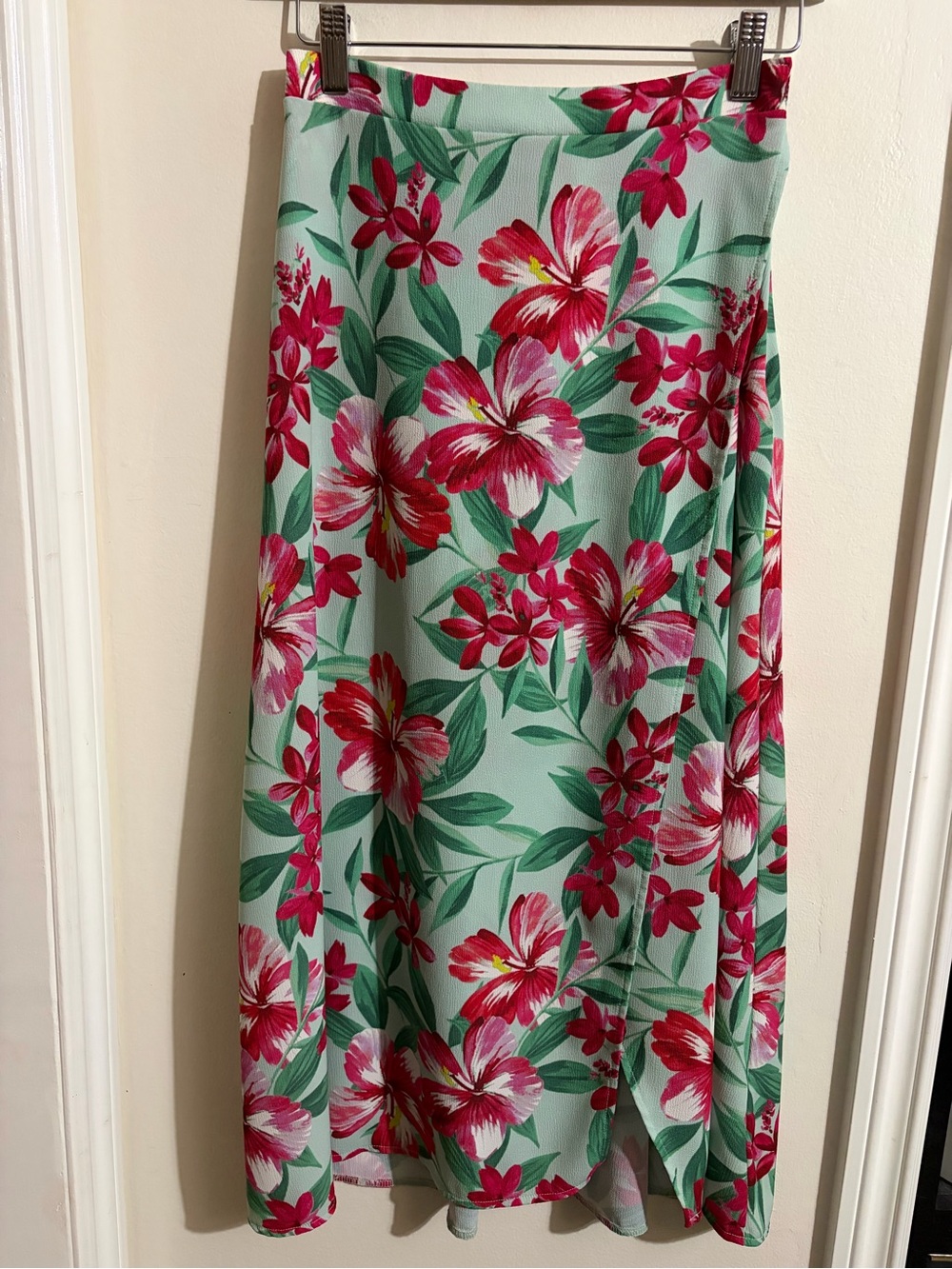 Show Me Your MuMu Mint Green Midi Skirt with Pink & Red Floral Print